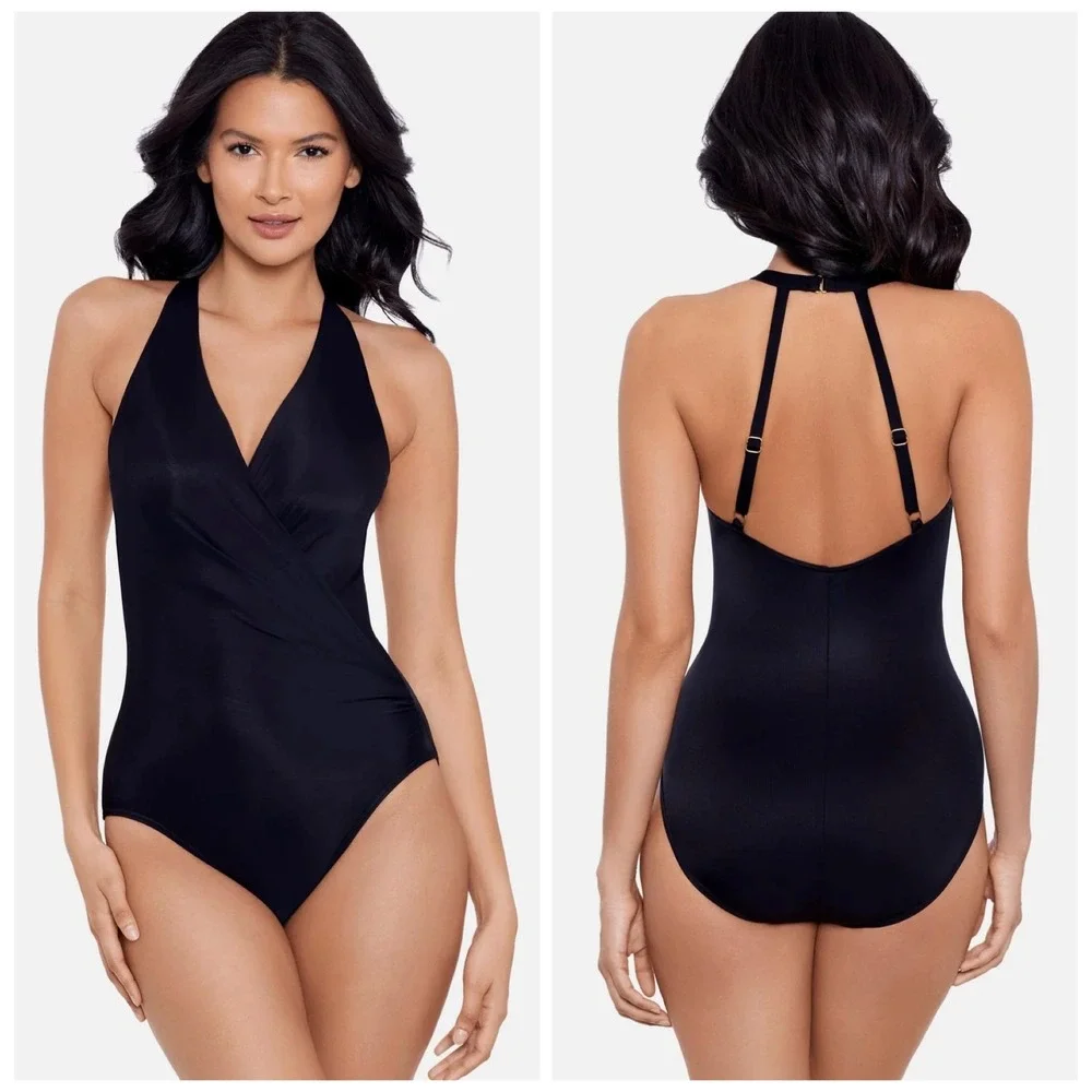Miraclesuit Wrapsody One Piece Swimsuit Size 12 Black Halter Tummy Control